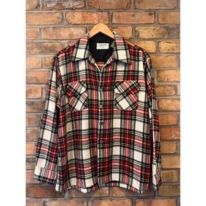 Vintage 70s JCPenney Mens Plaid Wool Flannel Shirt Red White Quilted Lined Large